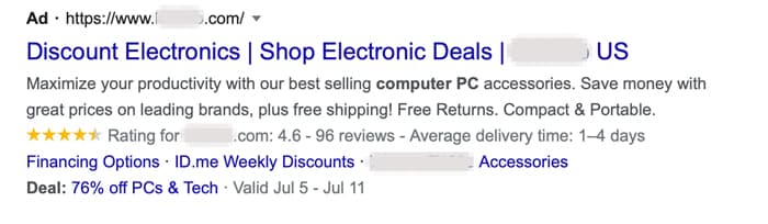 Discount Electrics ad in Google search results.